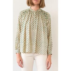 Matta Cream Blouse with Green Floral Print, Size M